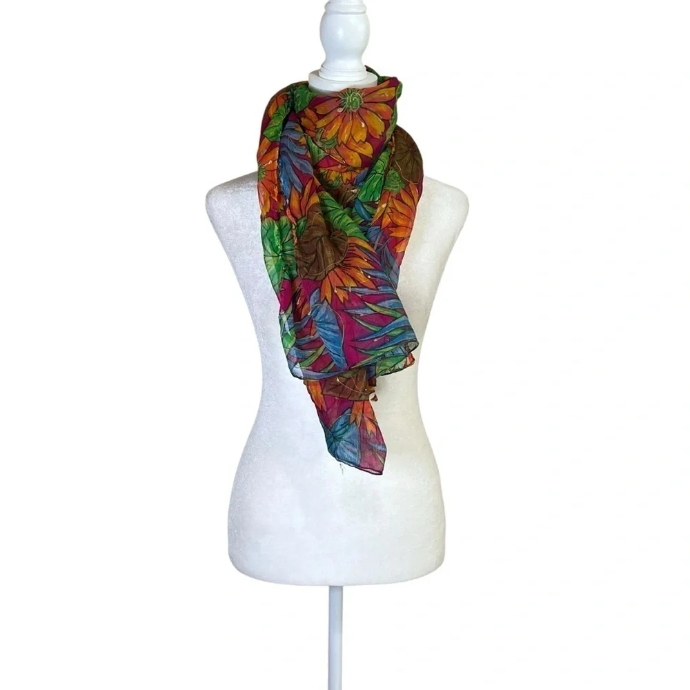 VTG Floral Print Large Rectangle Wrap Scarf 72x42 Semi Sheer Boho Shawl Colorful